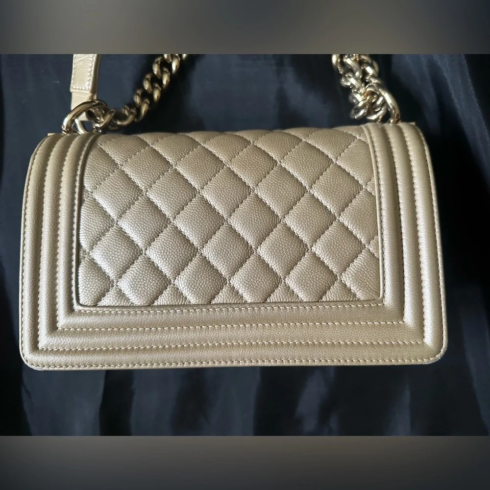 Chanel Caviar Leather Light Gold Beige Boy Bag Small - Picture 7 of 12